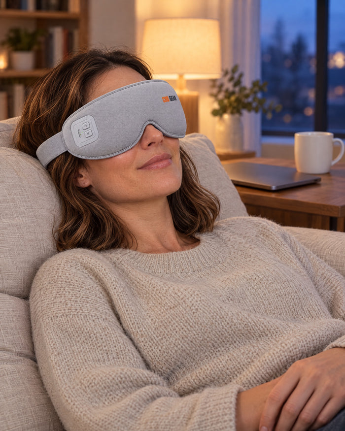 Woman relaxing on a sofa in the evening wearing the CRB GEAR Reset eye massager