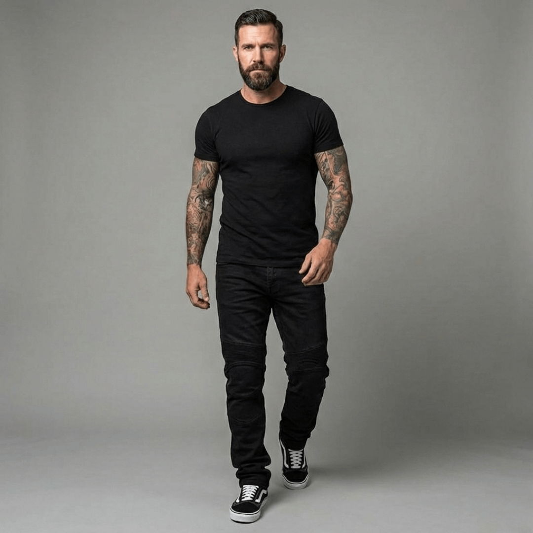 Mann mit tätowierten Armen in schwarzem T-Shirt und schwarzer Jeans geht vor einem grauen Studiohintergrund auf die Kamera zu, dazu dunkle Sneaker mit weißer Sohle