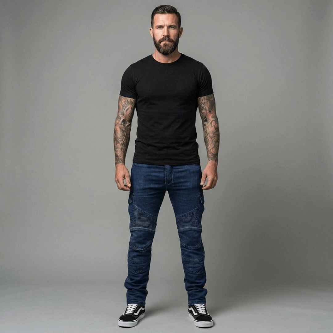 Mann im schwarzen T-Shirt steht frontal vor grauem Hintergrund und trägt eine blaue Jeans mit seitlichen Cargotaschen und gesteppten Kniepartien, dazu schwarze Sneaker mit weißer Sohle