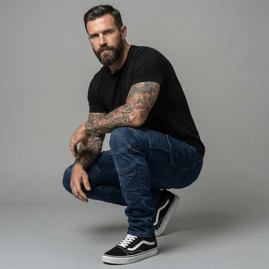 Mann in blauer Cargo-Jeans mit gesteppten Kniepartien hockt mit tief angewinkelten Knien vor grauem Studiohintergrund, dazu schwarzes T-Shirt und schwarze Sneaker
