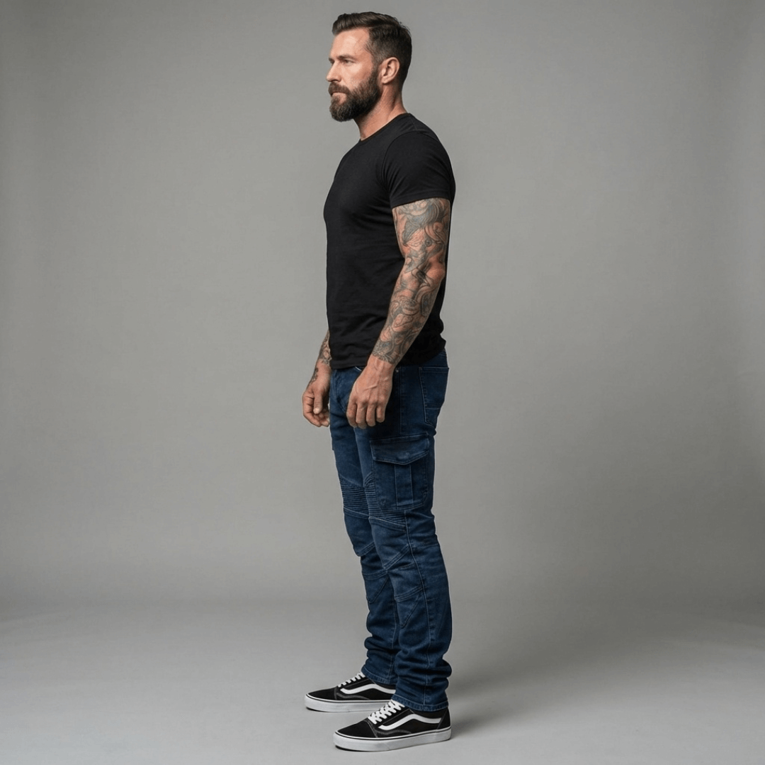 Mann im schwarzen T-Shirt steht im Profil vor grauem Hintergrund und trägt eine blaue Jeans mit Cargotasche, gesteppten Kniepartien und schwarzen Sneakern mit weißer Sohle