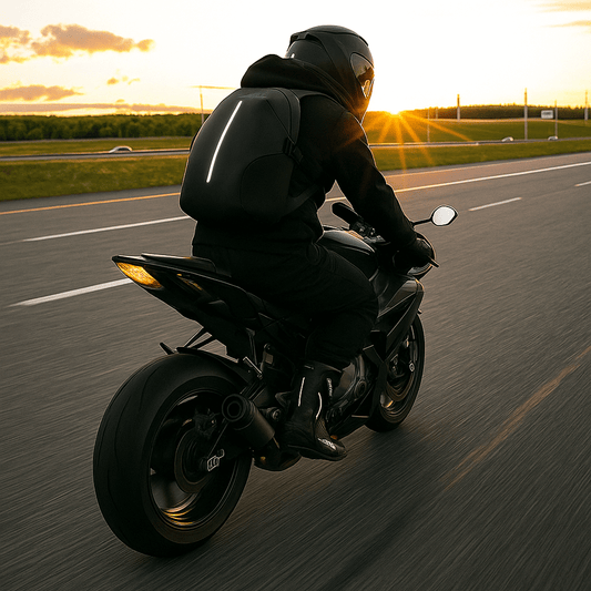 Motorradfahrer von hinten bei Sonnenuntergang auf einer Landstraße, auf dem Rücken ein schwarzer Rucksack mit senkrechtem Reflexstreifen