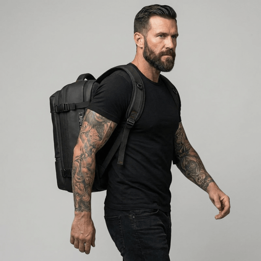 Mann mit Bart und tätowierten Armen geht in schwarzem T-Shirt mit einem schwarzen, kastenförmigen Rucksack mit Zahlenschloss und zwei Schnallenriemen vor grauem Studiohintergrund