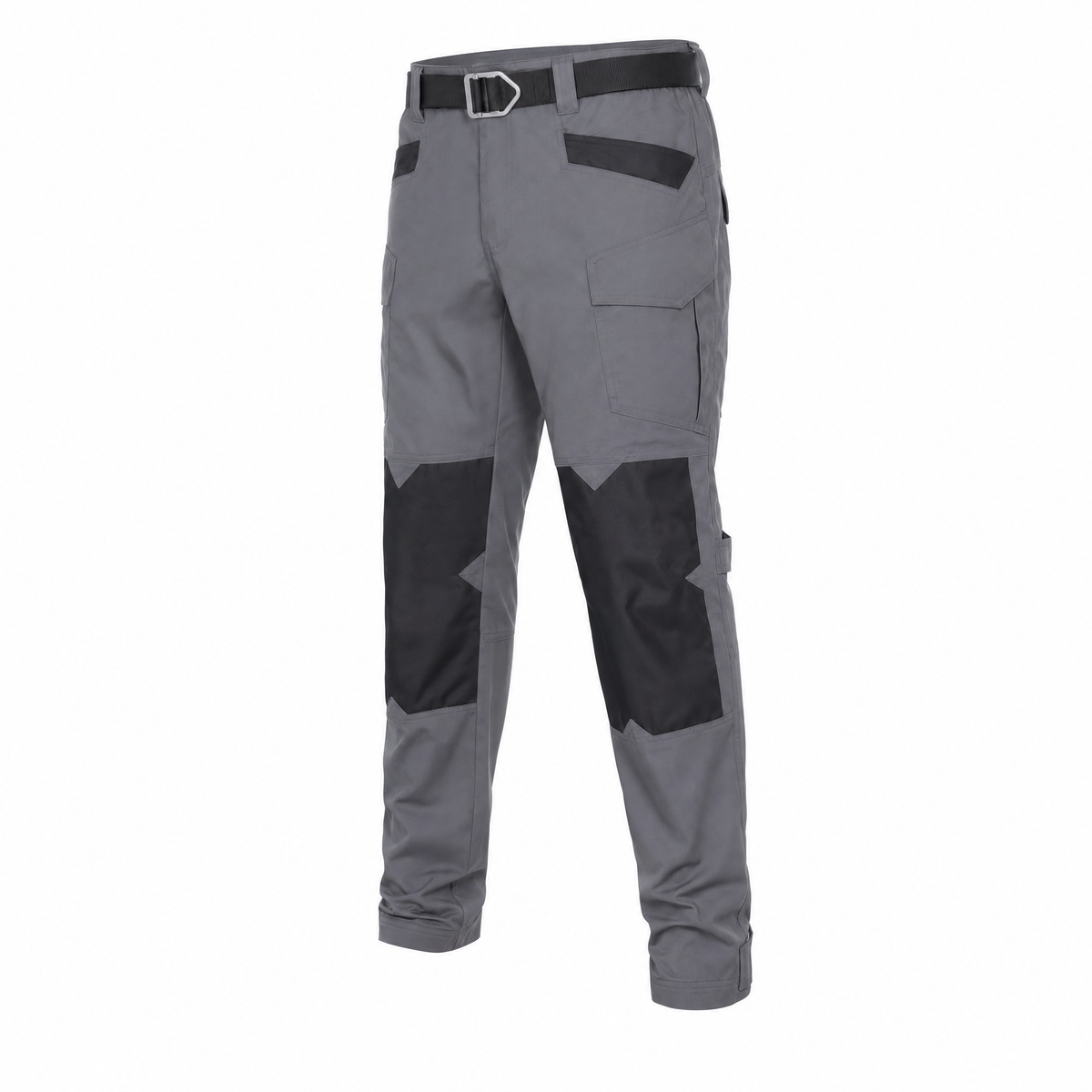 Graue Cargo-Motorradhose mit schwarzen Einsätzen an den Knien und schwarzem Gürtel, Produktfoto auf weißem Grund