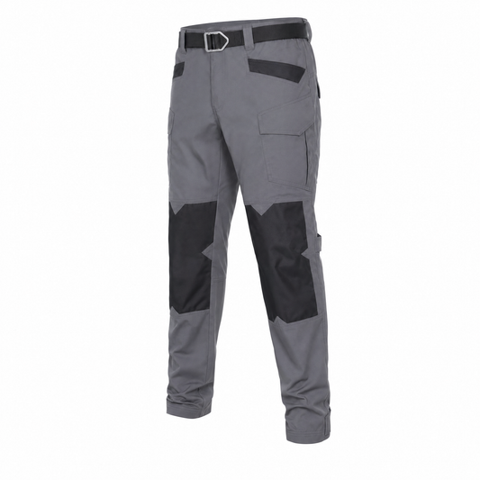 Graue Cargo-Motorradhose mit schwarzen Einsätzen an den Knien und schwarzem Gürtel, Produktfoto auf weißem Grund