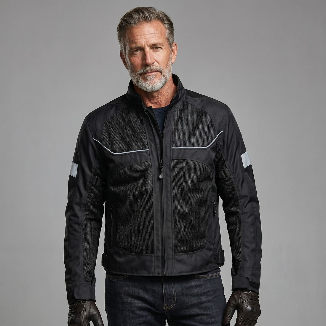 Fahrer trägt schwarze CRB Mesh-Motorradjacke mit Handschuhen, Studioaufnahme von vorne