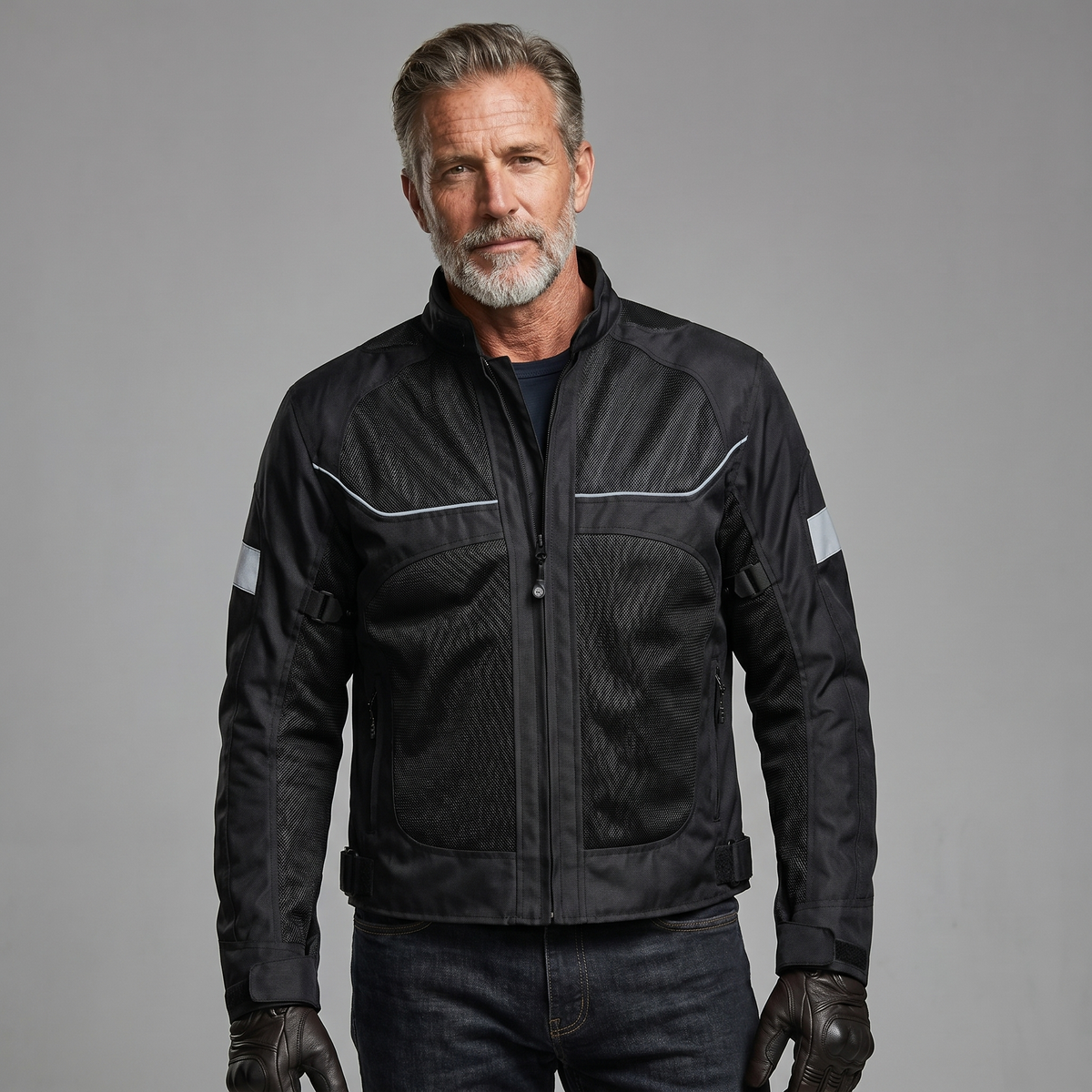Fahrer trägt schwarze CRB Mesh-Motorradjacke mit Handschuhen, Studioaufnahme von vorne