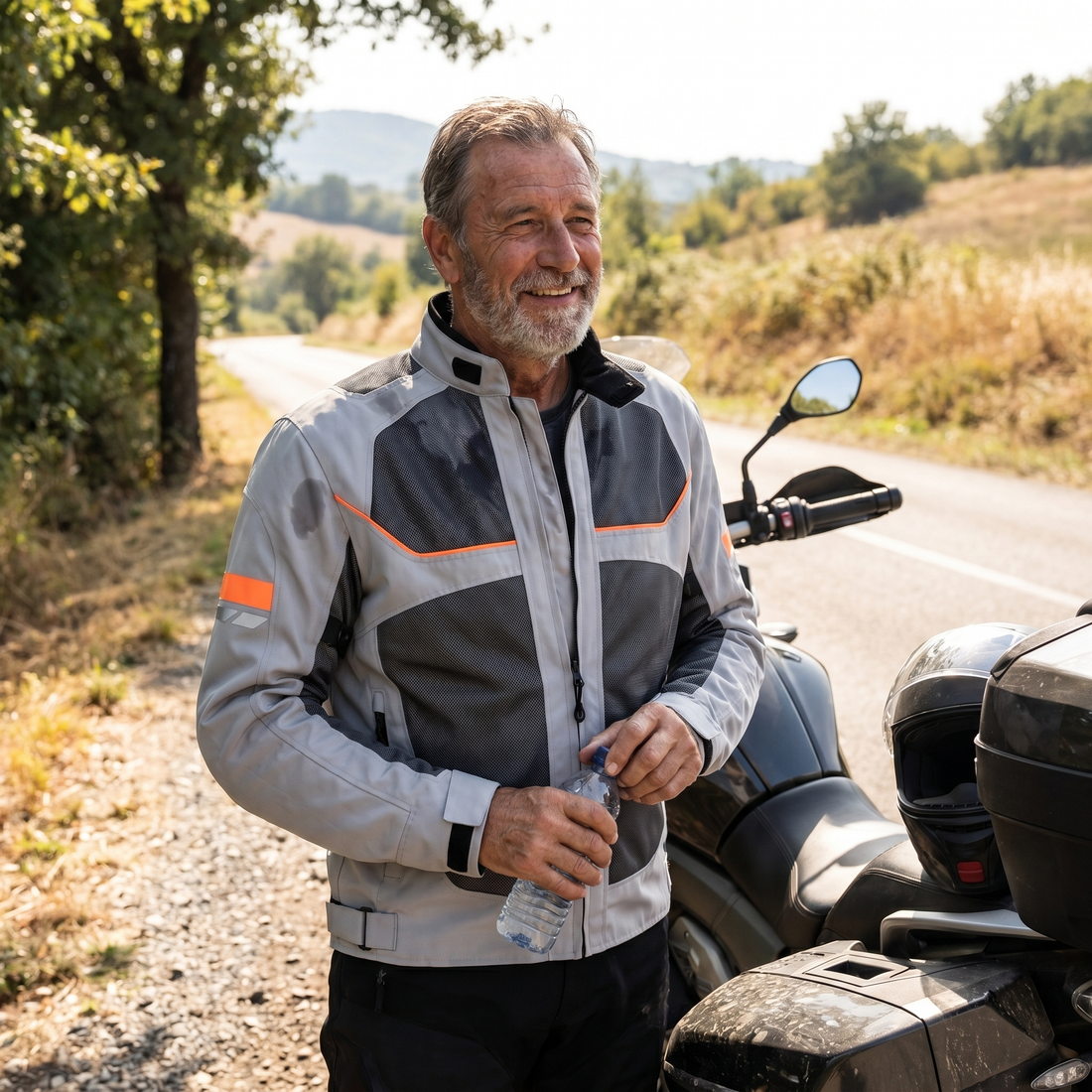 Lächelnder Motorradfahrer mit grauem Bart in grauer Mesh-Motorradjacke steht mit einer Wasserflasche in der Hand neben seinem Motorrad mit Topcase an einer sonnigen Landstraße