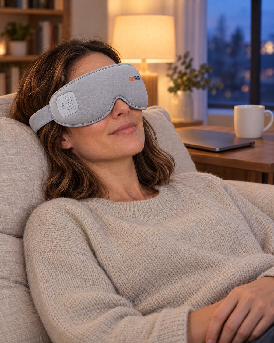 Woman relaxing on a sofa in the evening wearing the CRB GEAR Reset eye massager