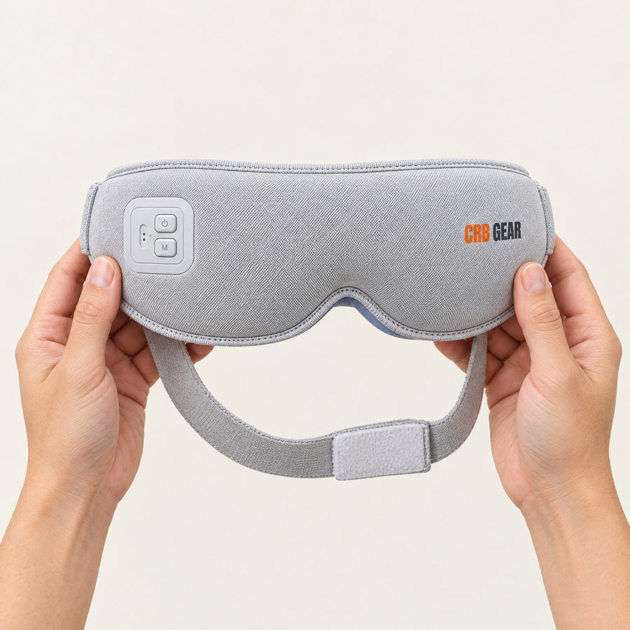 Two hands holding the CRB GEAR Reset eye massager to show its size