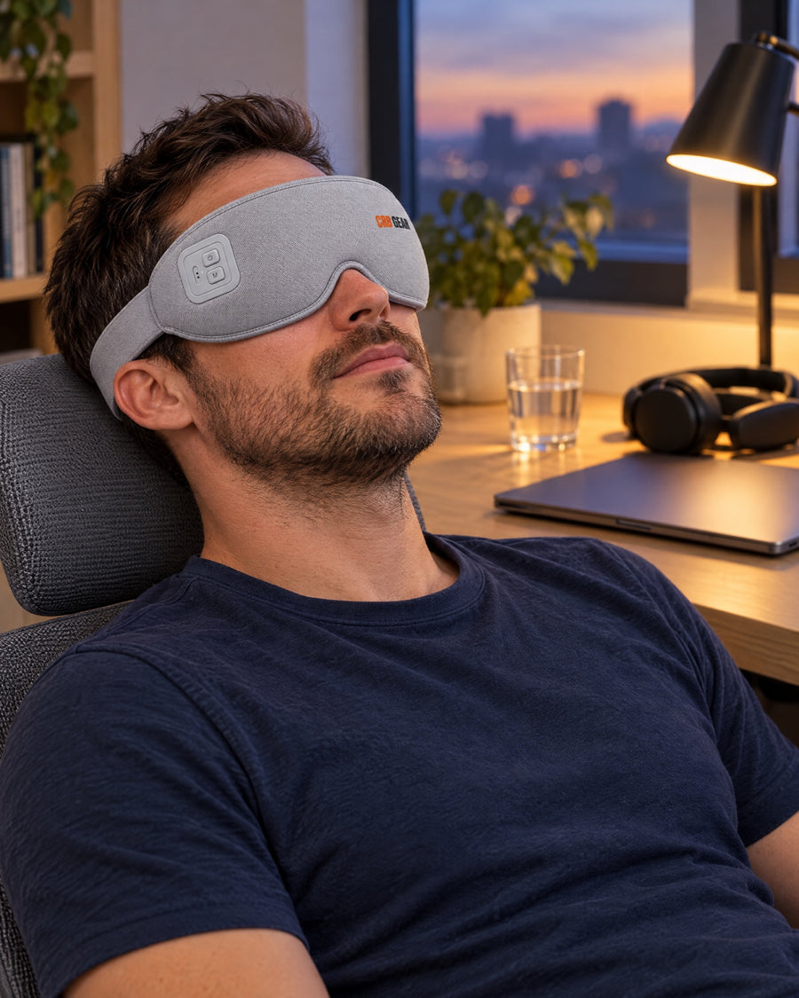Man leaning back in his office chair after work wearing the CRB GEAR Reset