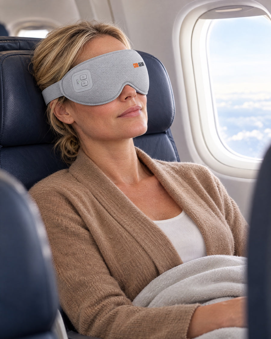 Woman wearing the cordless CRB GEAR Reset in an airplane window seat