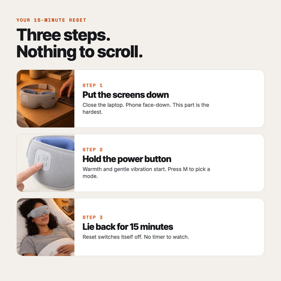 Your 15-minute reset in three steps: put the screens down, hold the power button, lie back for 15 minutes
