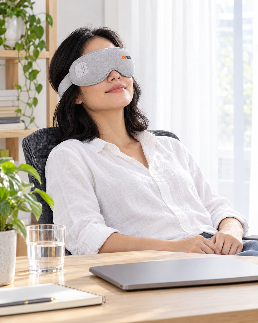 Woman taking a midday screen break at her desk wearing the CRB GEAR Reset