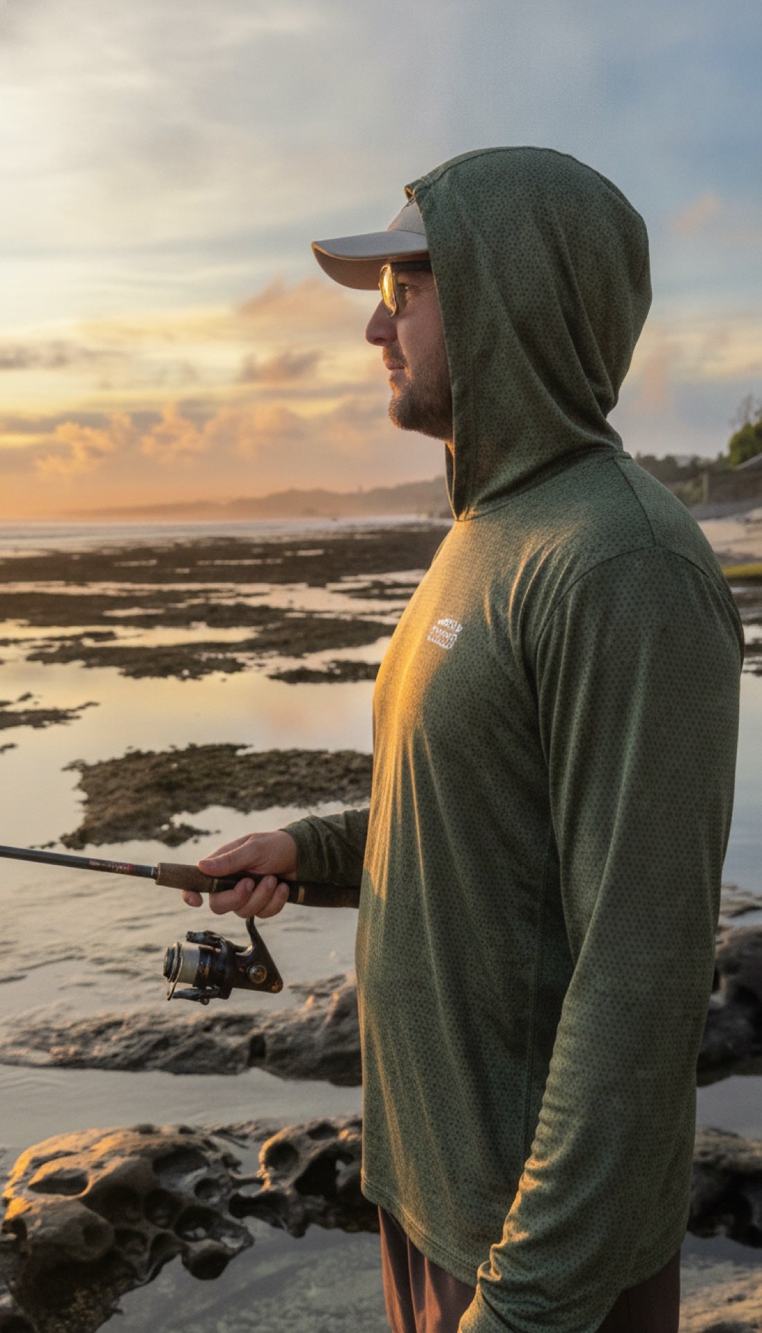 Saltbush UPF 50+ hooded sun shirt on the coast